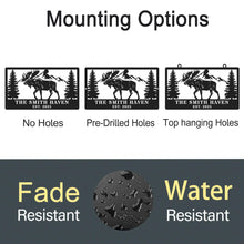 Custom moose cabin metal sign with personalized name and date, laser-cut steel mountain and pine tree design