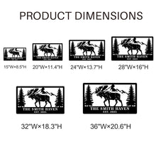 Custom moose cabin metal sign with personalized name and date, laser-cut steel mountain and pine tree design