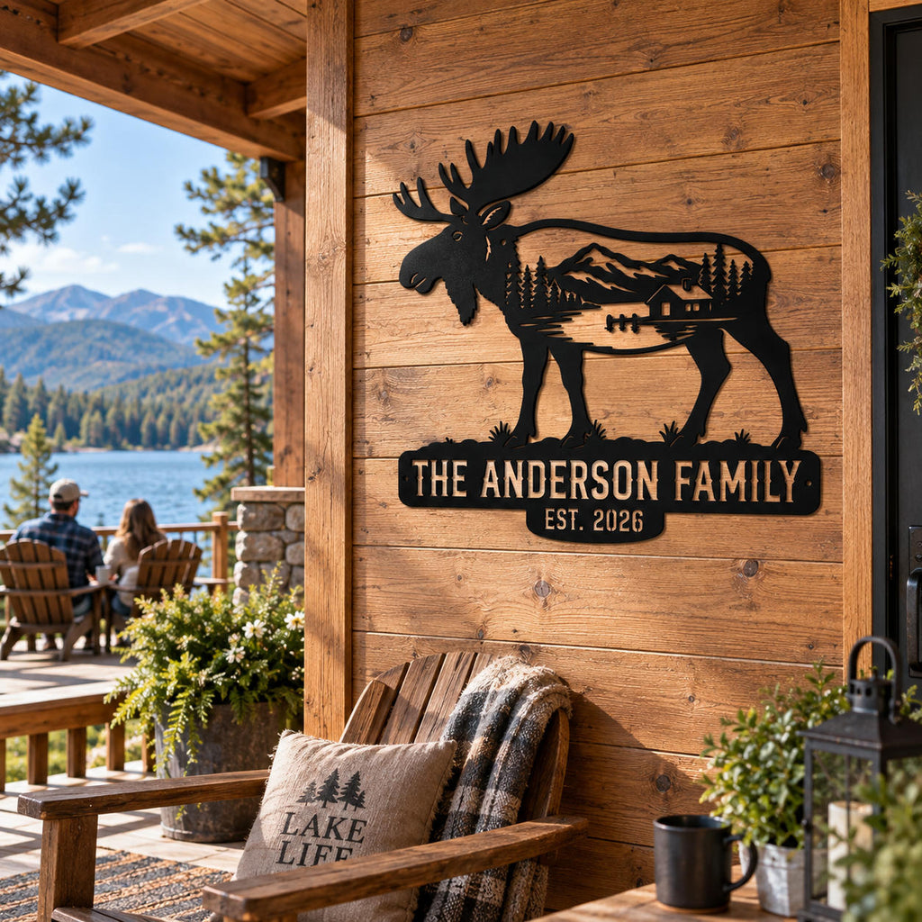 Custom moose family metal sign displayed on a rustic lake house porch overlooking the water and mountains.