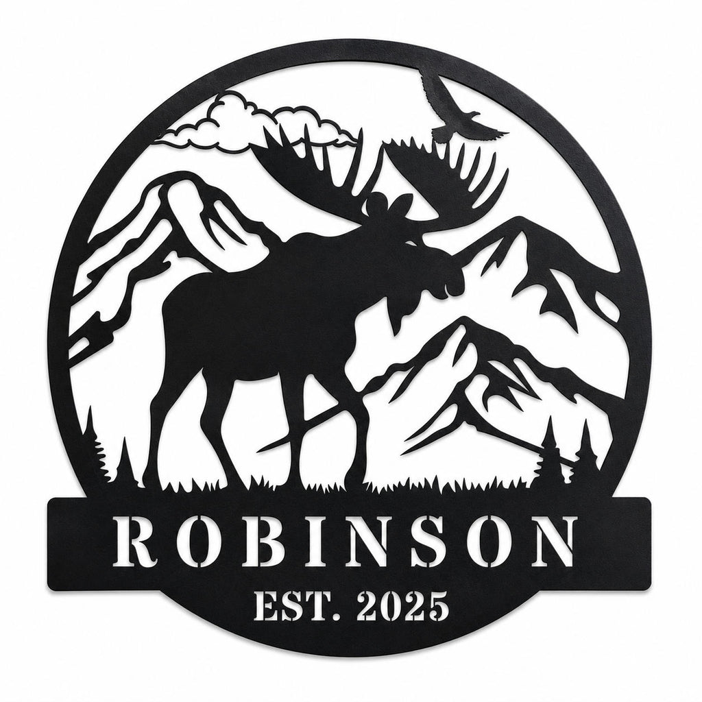 Custom black metal family sign with moose mountain design isolated on white background