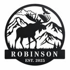 Custom black metal family sign with moose mountain design isolated on white background