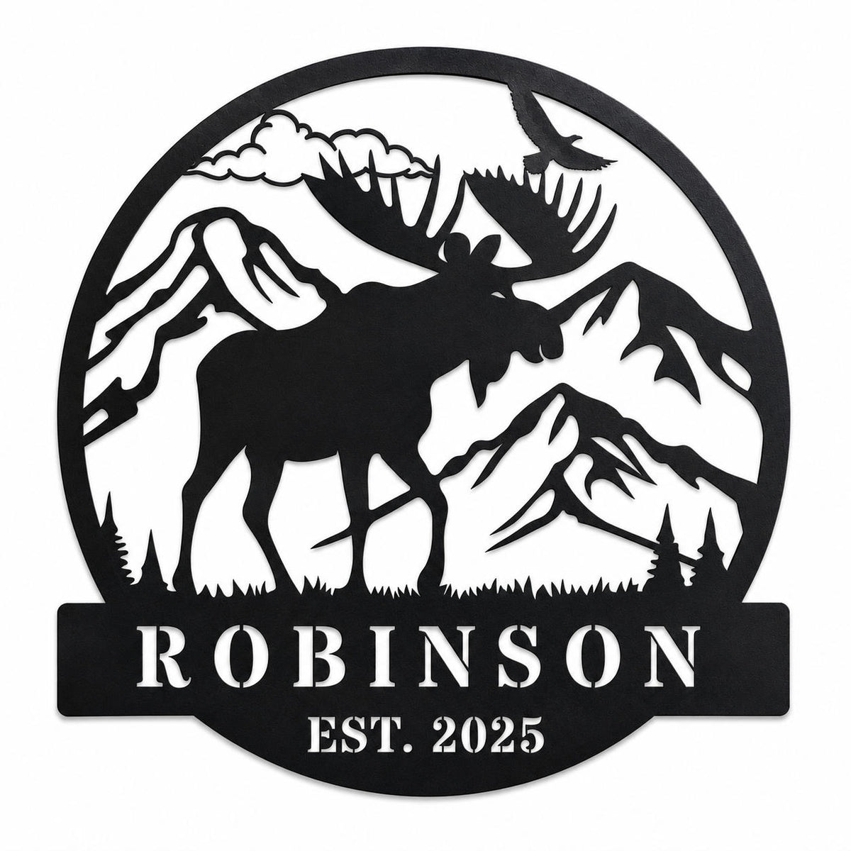Custom black metal family sign with moose mountain design isolated on white background