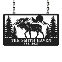 Custom moose cabin metal sign with personalized name and date, laser-cut steel mountain and pine tree design