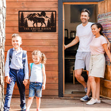 Custom moose cabin metal sign with personalized name and date, laser-cut steel mountain and pine tree design