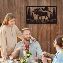 Custom moose cabin metal sign with personalized name and date, laser-cut steel mountain and pine tree design