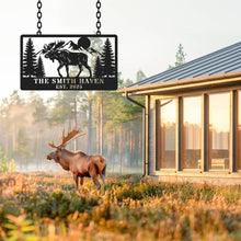 Custom moose cabin metal sign with personalized name and date, laser-cut steel mountain and pine tree design