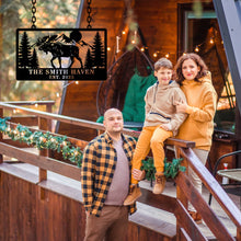 Custom moose cabin metal sign with personalized name and date, laser-cut steel mountain and pine tree design