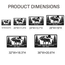 Custom moose cabin metal sign with personalized name and date, laser-cut steel mountain and pine tree design