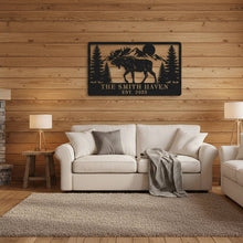 Custom moose cabin metal sign with personalized name and date, laser-cut steel mountain and pine tree design