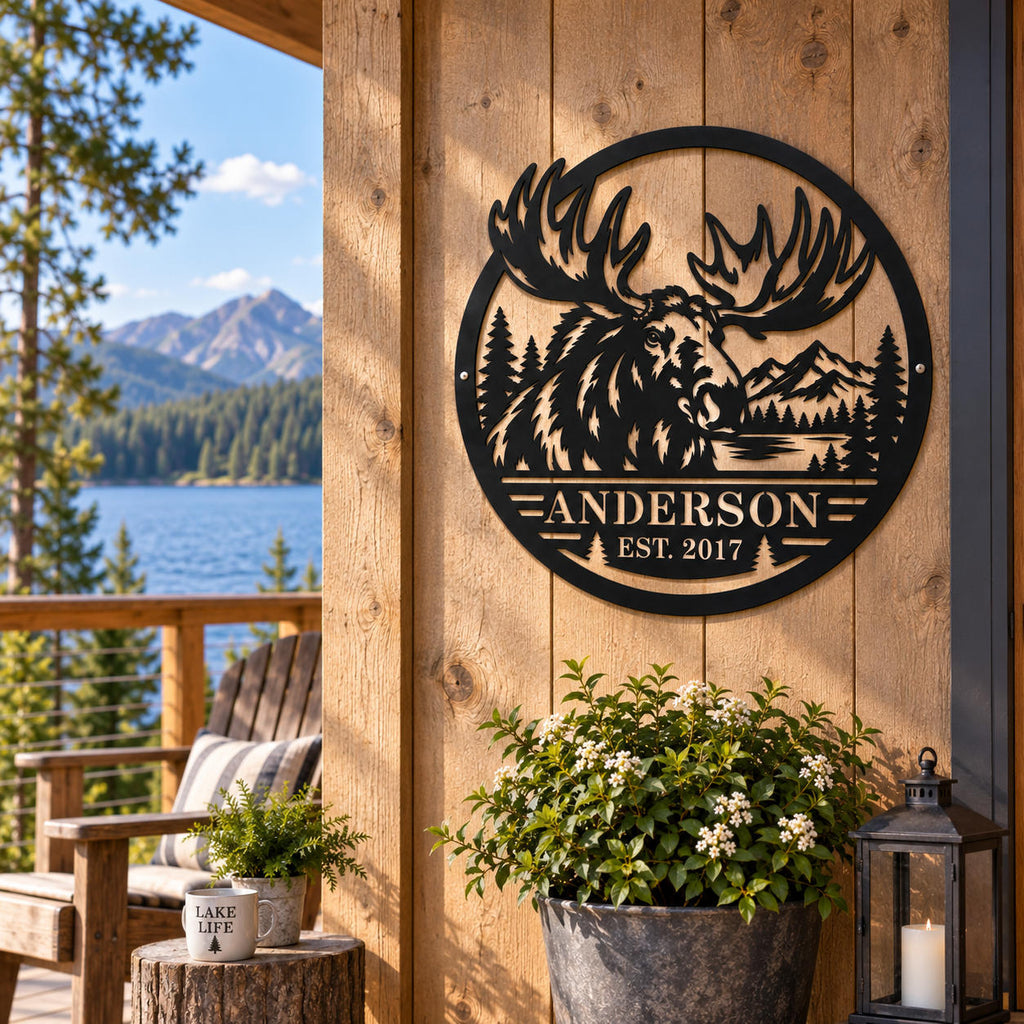 Custom Anderson moose metal sign mounted on a rustic lake cabin with mountain and waterfront views.