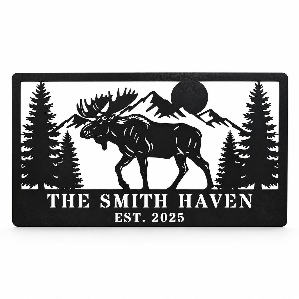 Personalized black metal moose sign with mountain, pine tree, family name and established year design. Main image