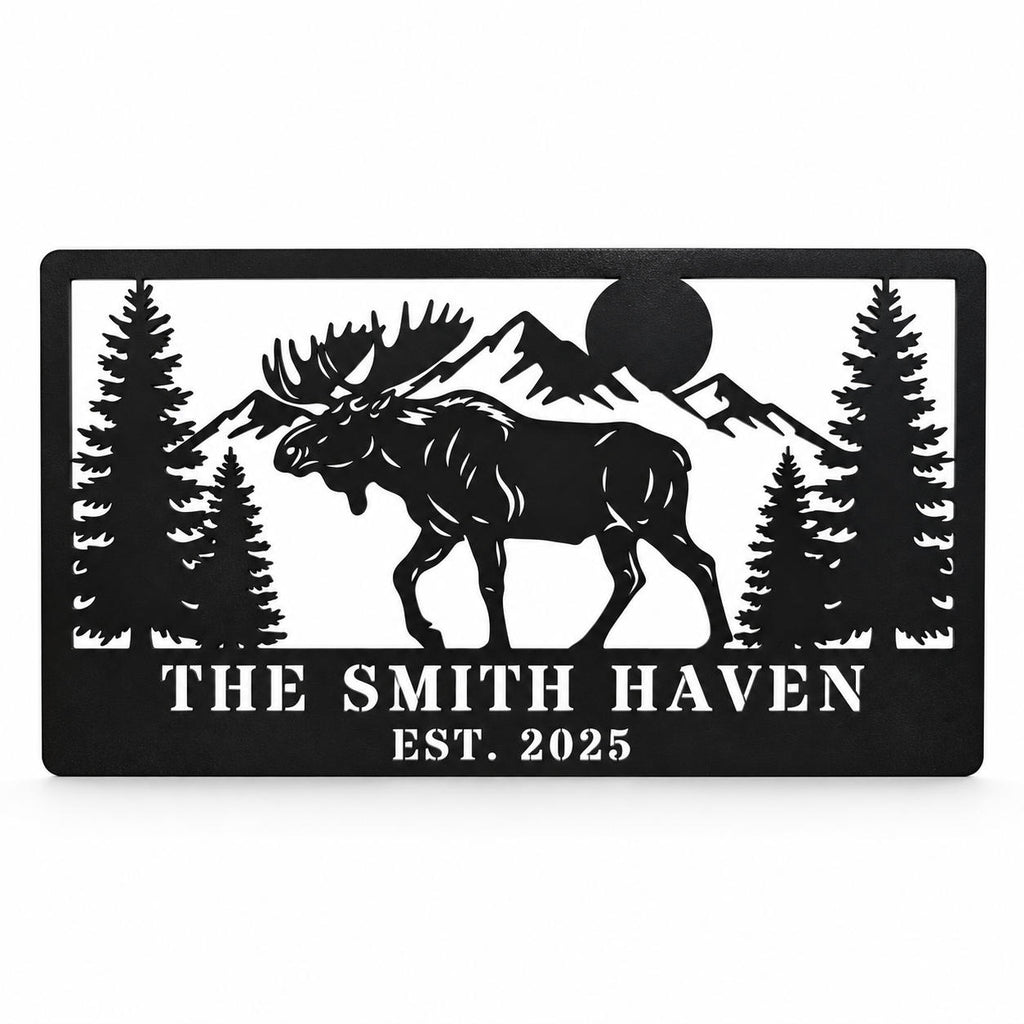 Personalized black metal moose sign with mountain, pine tree, family name and established year design.