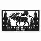 Personalized black metal moose sign with mountain, pine tree, family name and established year design.