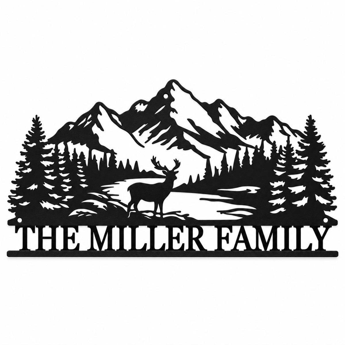 Black metal sign featuring mountains, pine trees, a deer, and THE MILLER FAMILY lettering on a white background. Main image