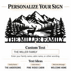 Custom text guide showing where to enter a family name, cabin name, or welcome message on the metal sign.