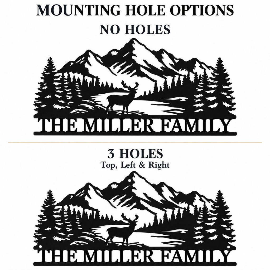 Metal sign mounting options comparing no holes with three small holes at the top, left, and right.