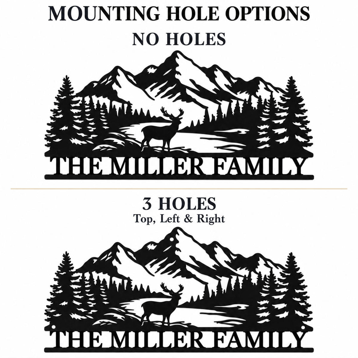 Metal sign mounting options comparing no holes with three small holes at the top, left, and right.
