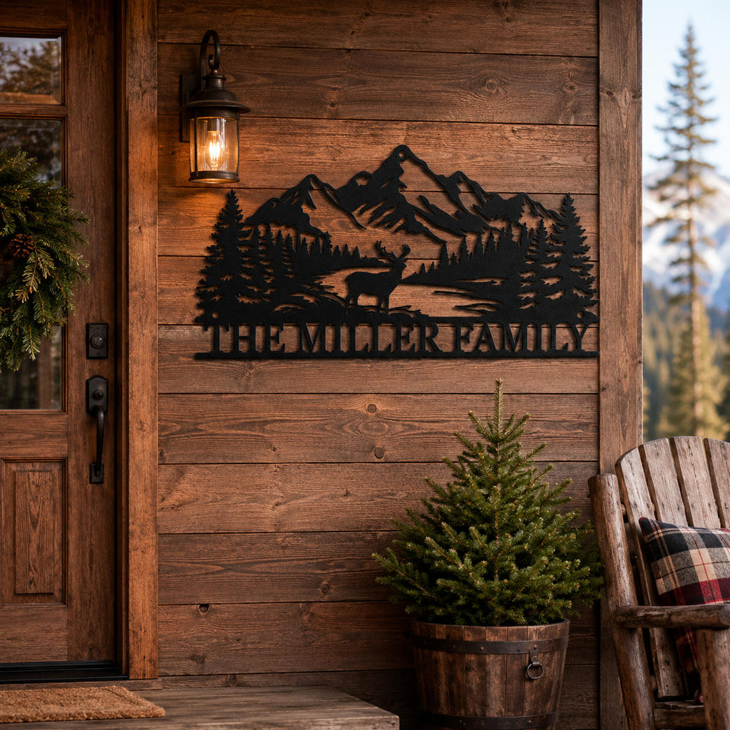 Mountain cabin family name metal sign mounted on rustic wooden porch wall featuring deer, pine trees and mountain landscape.