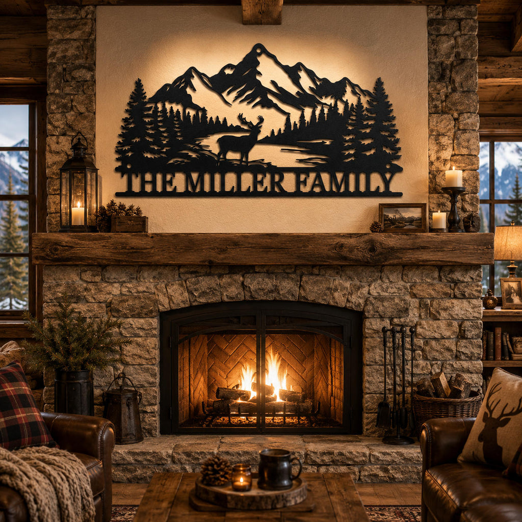 Custom family metal wall art displayed above stone fireplace in cozy mountain lodge living room.