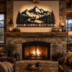 Custom family metal wall art displayed above stone fireplace in cozy mountain lodge living room.