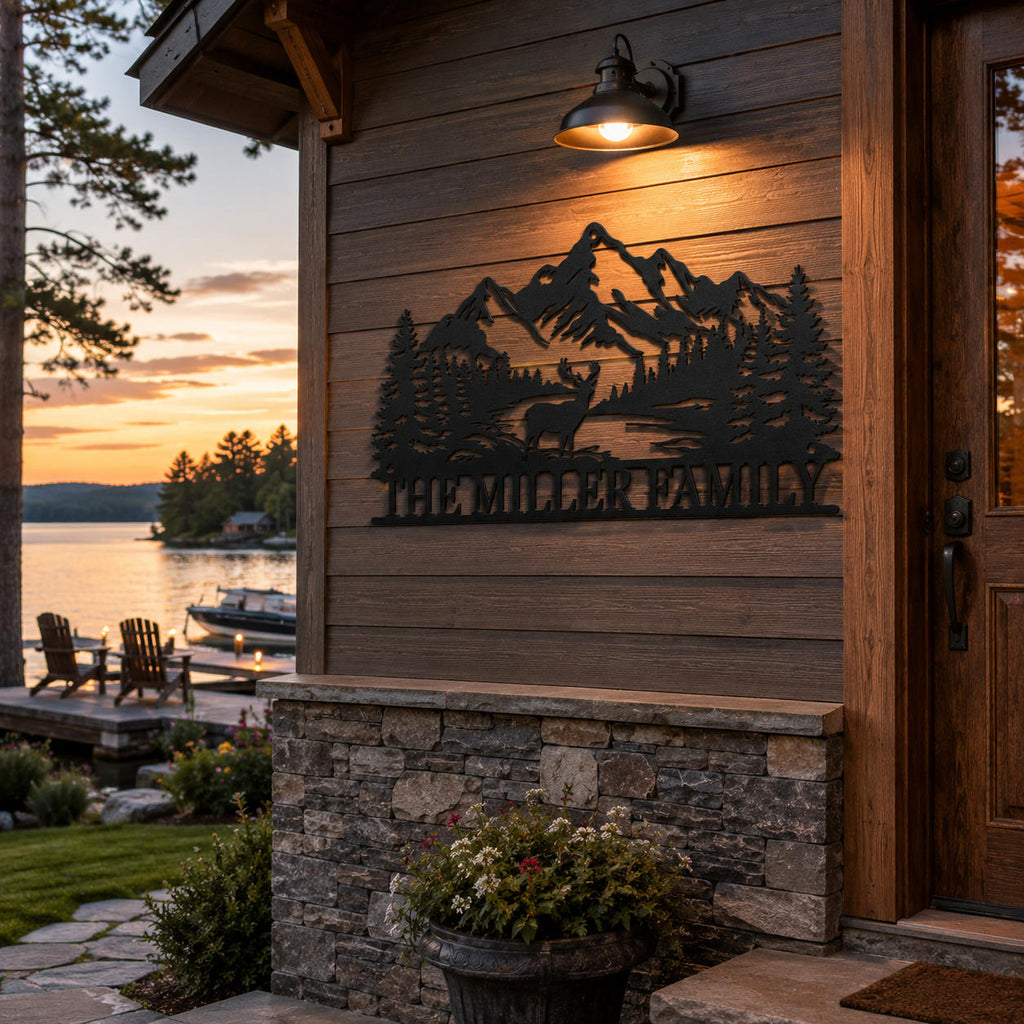 Personalized mountain landscape metal sign installed on lakeside cabin exterior wall.