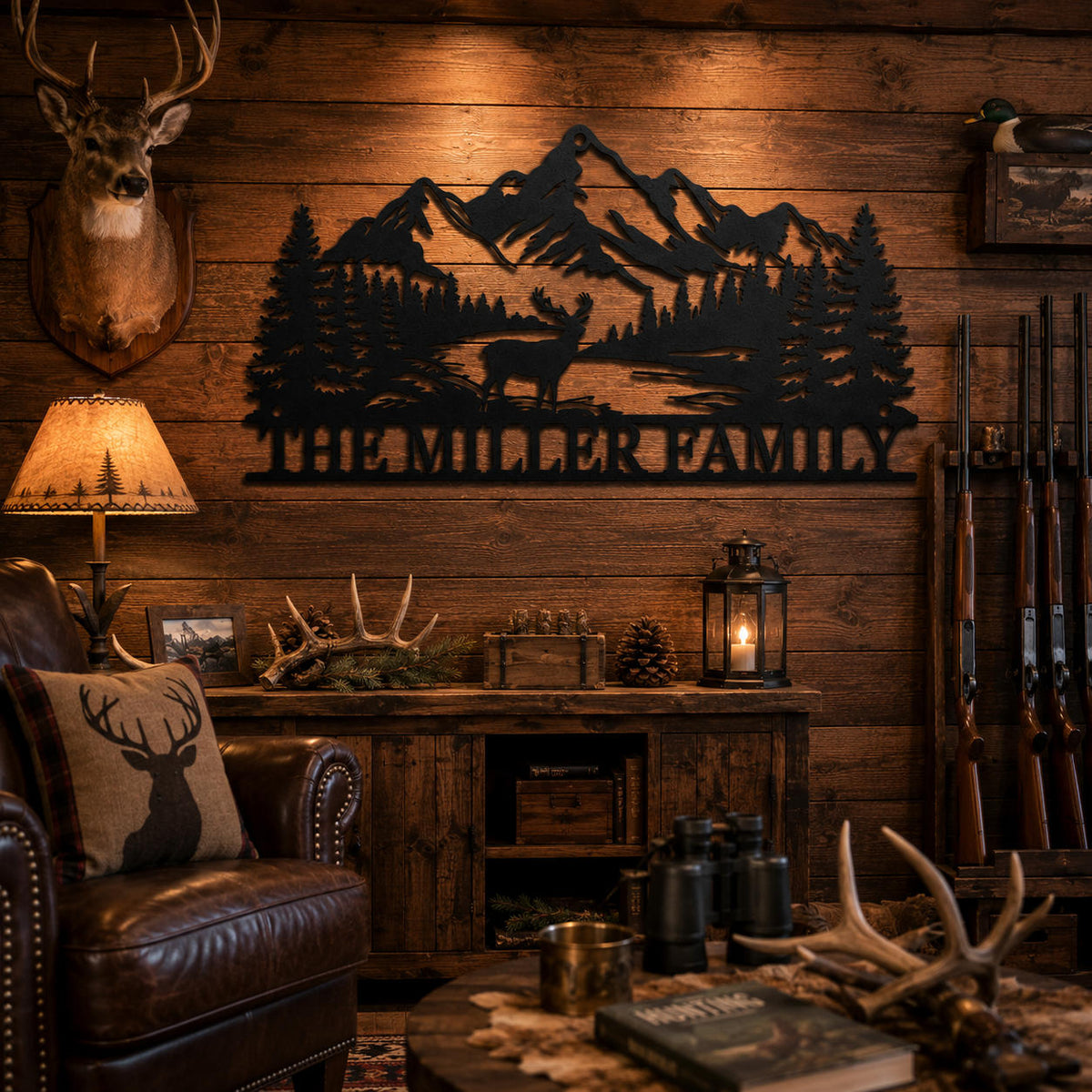 Deer and mountain themed personalized metal sign displayed in hunting lodge interior.