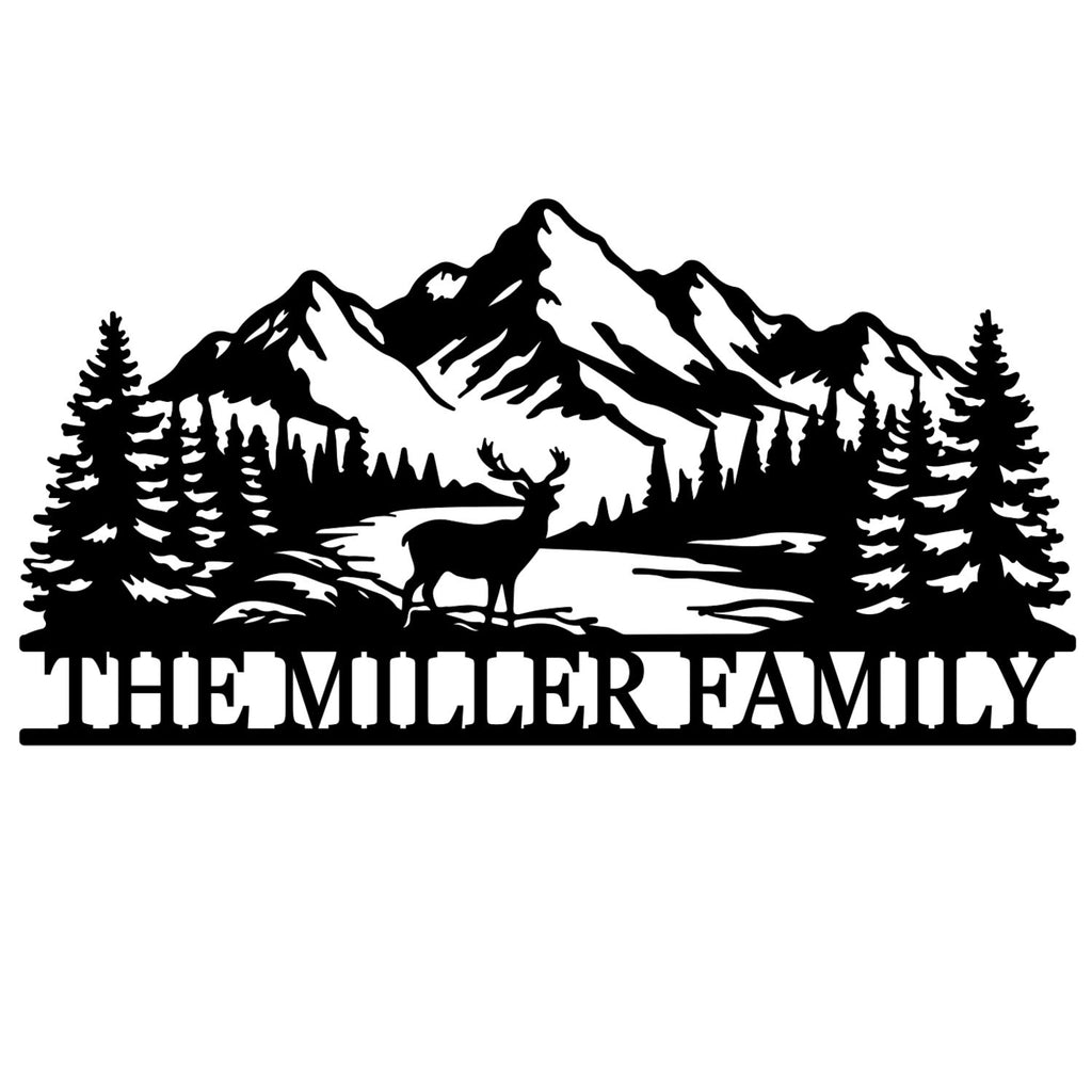 Personalized mountain deer family metal wall sign isolated on white background.