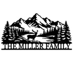 Personalized mountain deer family metal wall sign isolated on white background.