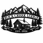Custom mountain cabin metal sign with personalized lodge name and established year isolated on white background.