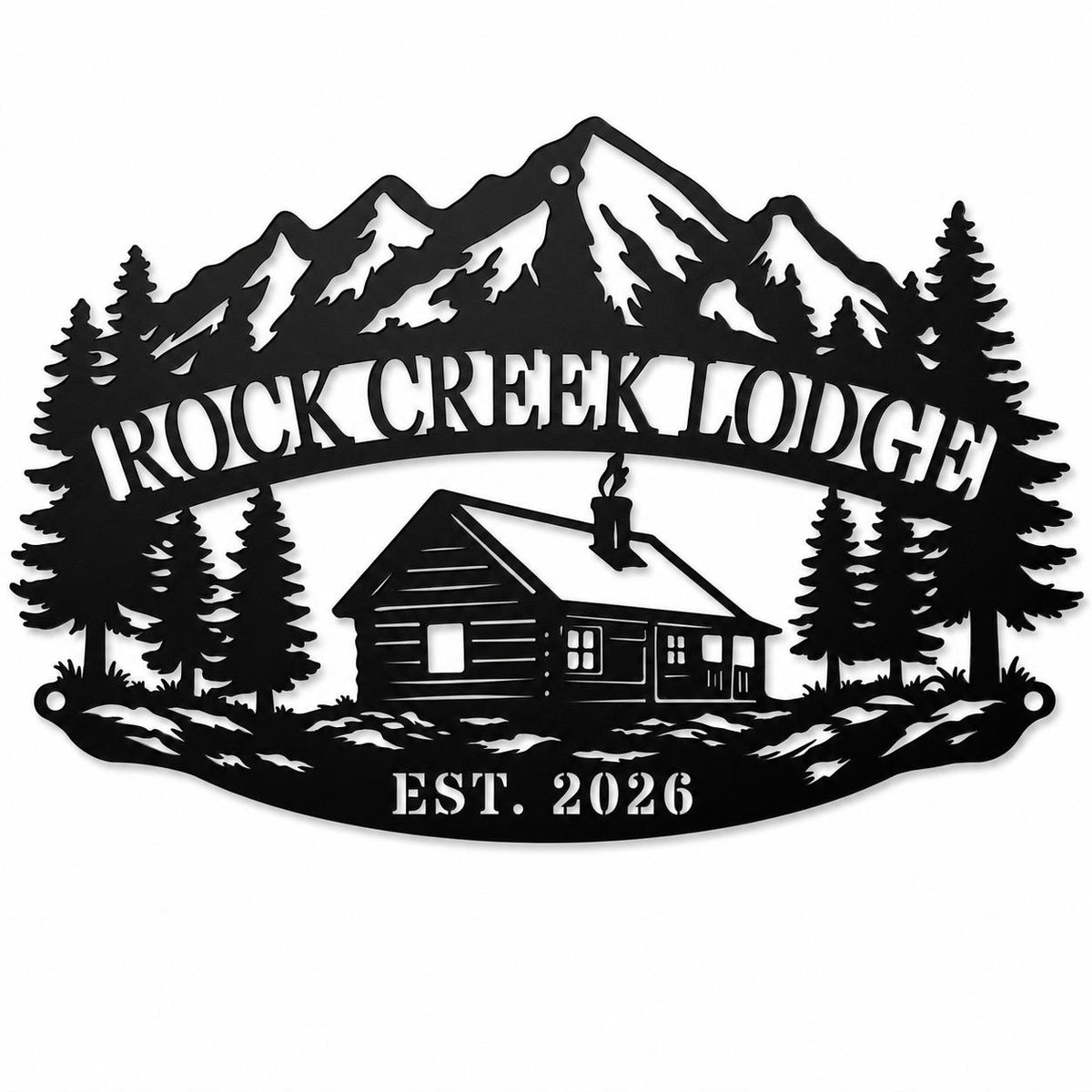 Custom mountain cabin metal sign with personalized lodge name and established year isolated on white background.