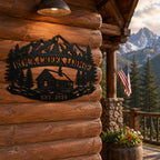 Custom mountain cabin metal sign for lodge entrance mounted on a rustic log cabin wall.