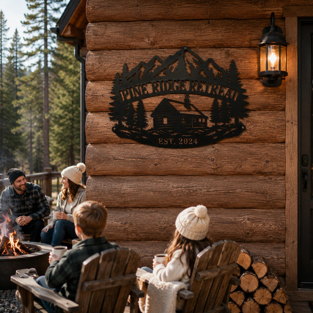 Custom family cabin name sign displayed outside a rustic mountain lodge with family gathering.
