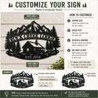 Personalized cabin sign customization guide showing lodge name and established year options.