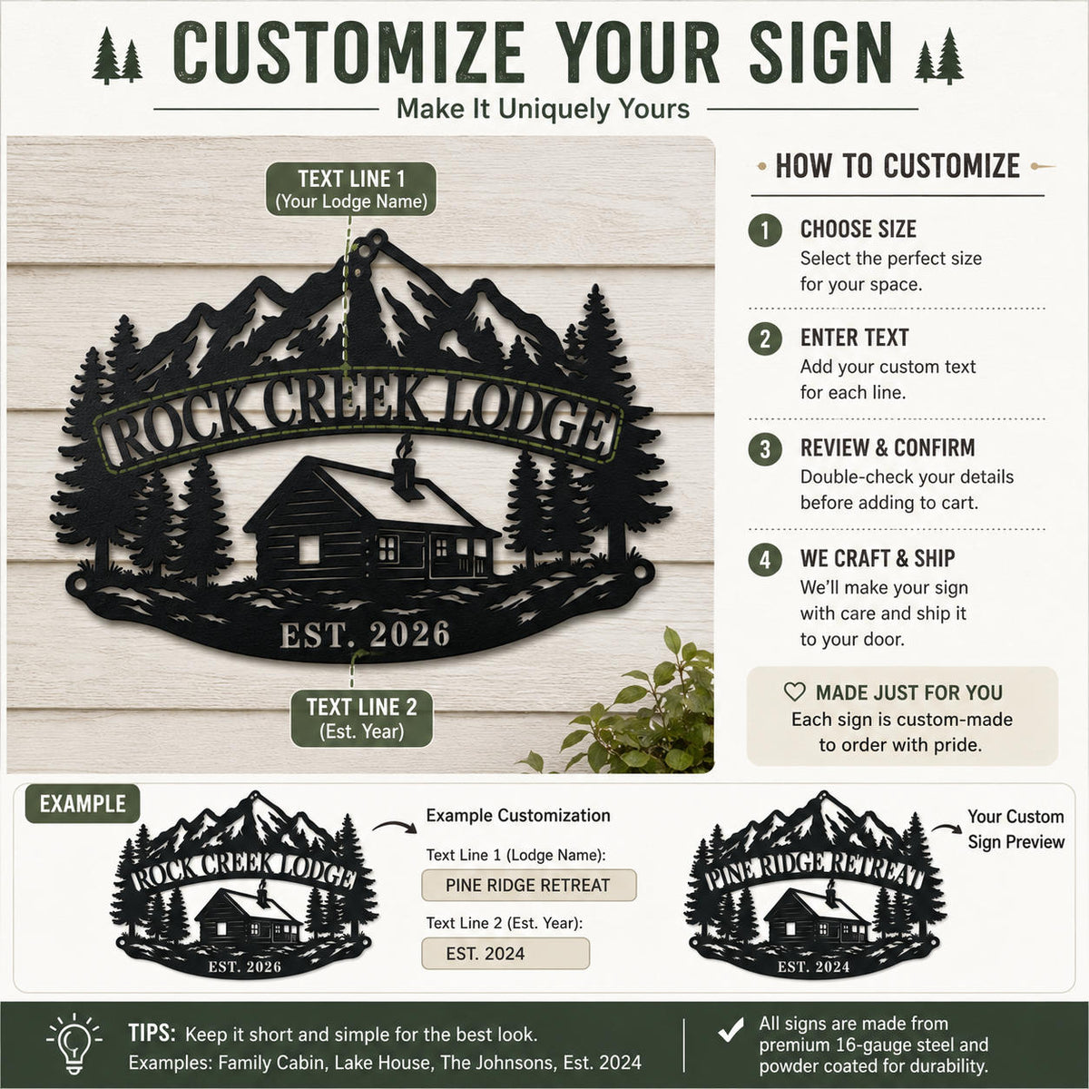 Personalized cabin sign customization guide showing lodge name and established year options.