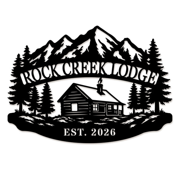 Custom mountain lodge metal sign featuring a cabin, pine trees, alpine mountains, and personalized lodge name with established year