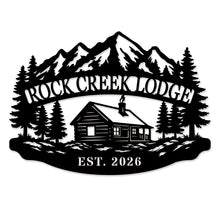 Custom mountain lodge metal sign featuring a cabin, pine trees, alpine mountains, and personalized lodge name with established year