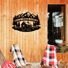 Custom mountain lodge metal sign featuring a cabin, pine trees, alpine mountains, and personalized lodge name with established year