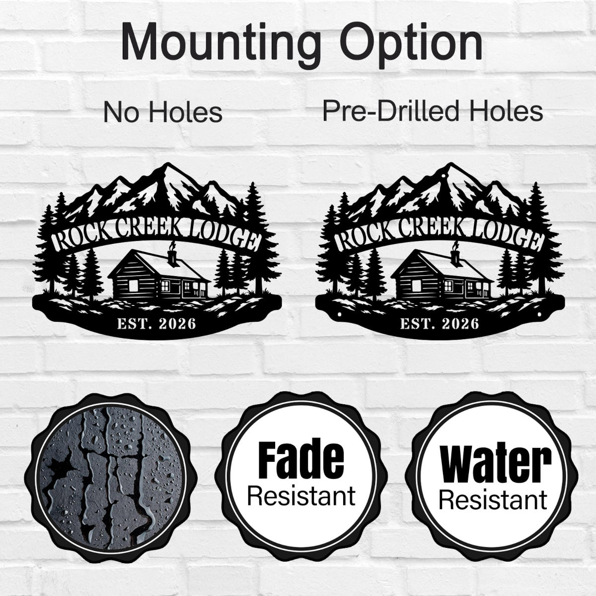 Custom mountain lodge metal sign featuring a cabin, pine trees, alpine mountains, and personalized lodge name with established year