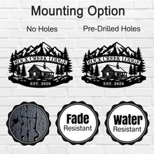 Custom mountain lodge metal sign featuring a cabin, pine trees, alpine mountains, and personalized lodge name with established year