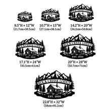 Custom mountain lodge metal sign featuring a cabin, pine trees, alpine mountains, and personalized lodge name with established year