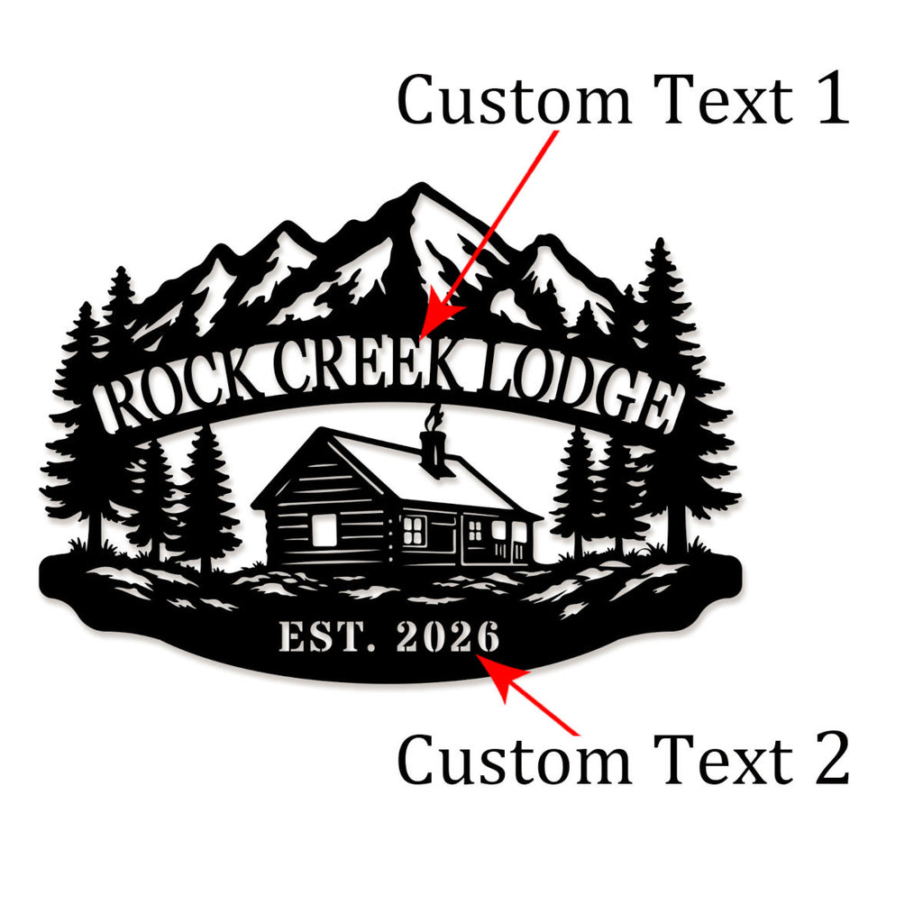 Custom mountain lodge metal sign featuring a cabin, pine trees, alpine mountains, and personalized lodge name with established year