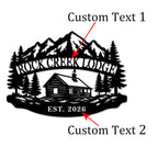 Custom mountain lodge metal sign featuring a cabin, pine trees, alpine mountains, and personalized lodge name with established year