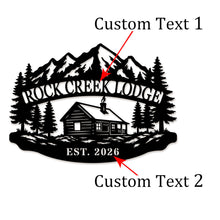 Custom mountain lodge metal sign featuring a cabin, pine trees, alpine mountains, and personalized lodge name with established year