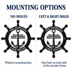 Ship wheel and anchor metal sign showing no-hole and two-hole options, with one mounting hole on each side of the circular frame.