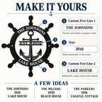 Personalization guide showing custom top text, a center year, and bottom text on a ship wheel and anchor metal sign.