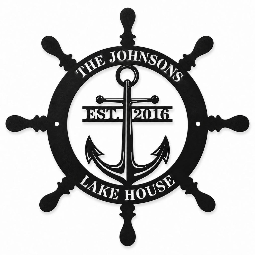 Black personalized ship wheel and anchor metal sign reading The Johnsons, EST. 2016, and Lake House on a white background.