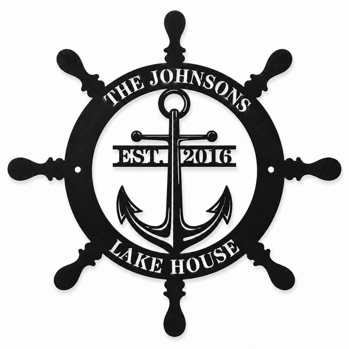 Black personalized ship wheel and anchor metal sign reading The Johnsons, EST. 2016, and Lake House on a white background.