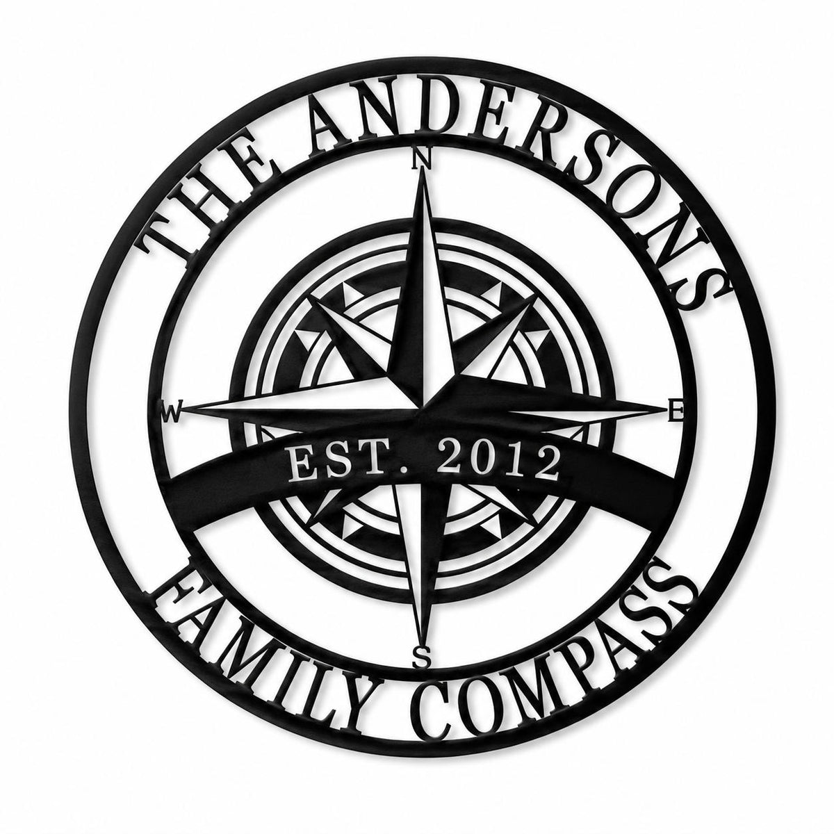 Personalized compass metal sign with custom family name and established year on white background Main image
