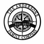 Personalized compass metal sign with custom family name and established year on white background