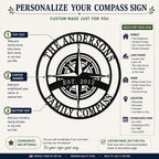 Customization guide for personalized compass metal sign showing editable text areas and design options